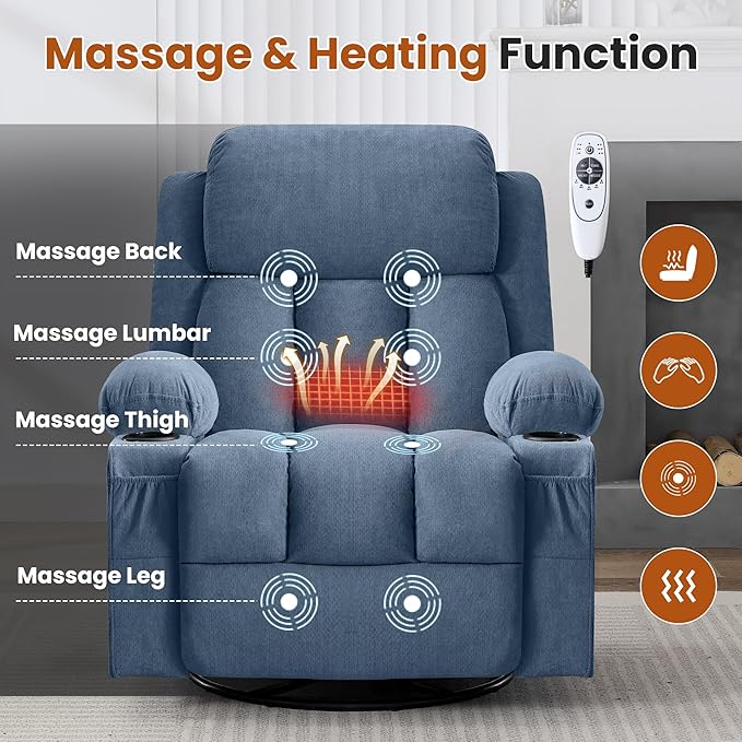 Swivel Rocker Recliner Chair with Vibration Massage and Heat for Living Roomwith Rocking Function and Side Pocket USB Charge Port2 Cup Holders