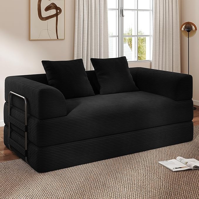 Cloud Boneless Convertible Sofa Bed 4-in-1 Foldable Compressed High-Density Sponge Sofa 70 Corduroy Fabric 3 Seater Sleeper Couch Futon Daybed for Living Room Bedroom (Black)