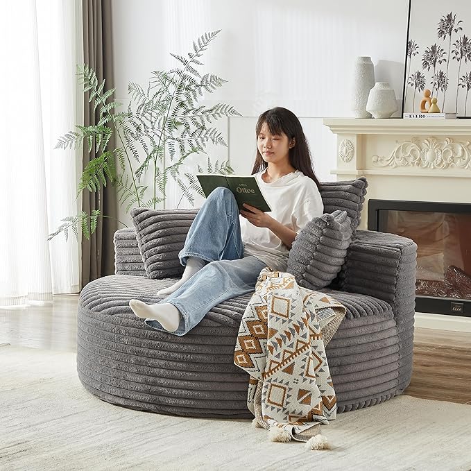 55''W Oversized Round Chair with PillowsComfy Corduroy Single ChairOversized Accent Chair with Deep Seat Modern Large Reading Chairs for Living Room &amp Bedroom (Grey)
