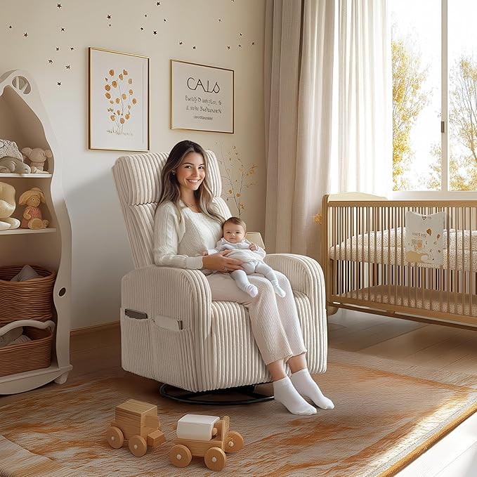 Yaheetech 360° Swivel Glider Chair for Nursery Rocking Chair Nursing Chair with Side Pockets Corduroy Glider for Living Room with High Back Beige