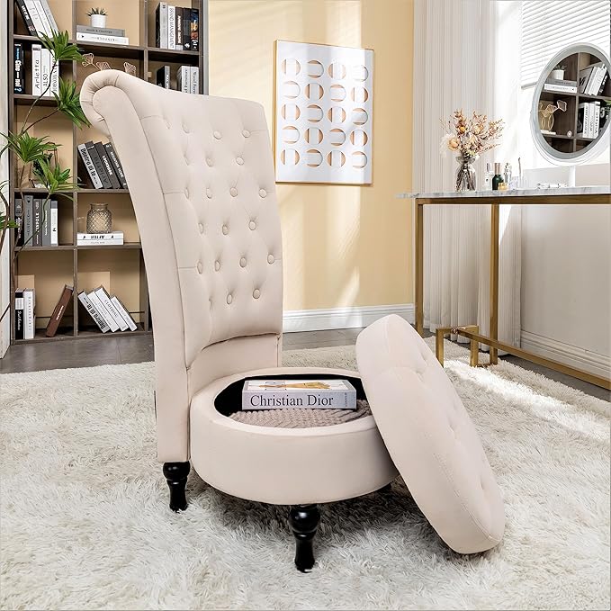 Royal High-Back Velvet Accent Chair for Vanity with Storage and Luxurious Upholstery Retro Design and Versatile Usage for Living Room Bedroom Lounge and Office Ivory