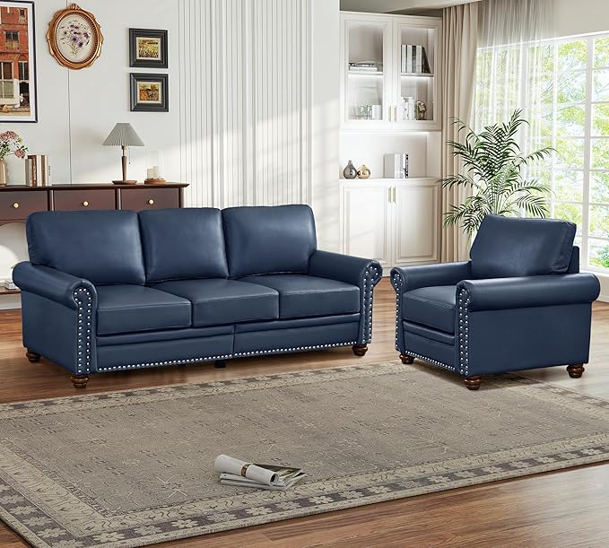 Antetek 2-Piece Comfy Upholstered Faux Leather Sofa Couch Set Mid-Century Modern Single Sofa Chair(1 Unit) + 3 Seater Couch(1 Unit) with Storage Space for Living Room Furniture Set Navy Blue