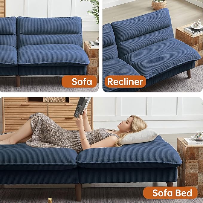 72 Convertible Futon Sofa Bed Loveseat Sofa Corduroy Folding Futon Set with Adjustable Backrest &ampArmrests Recliner Lounge for Living Room Apartment or Office Solid Wood Frame Blue