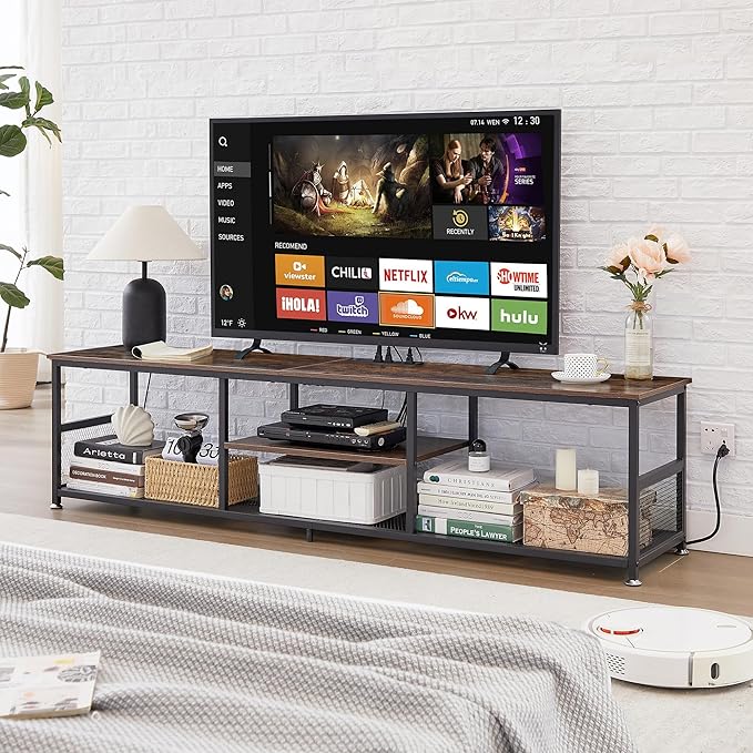 VECELO TV Stand with Power Outlets for Televisions up to 75Inch 62 Media Entertainment Center with Charging Station 3-Tier Open Storage Shelves with Metal Frame for Living Room/BedroomBrown