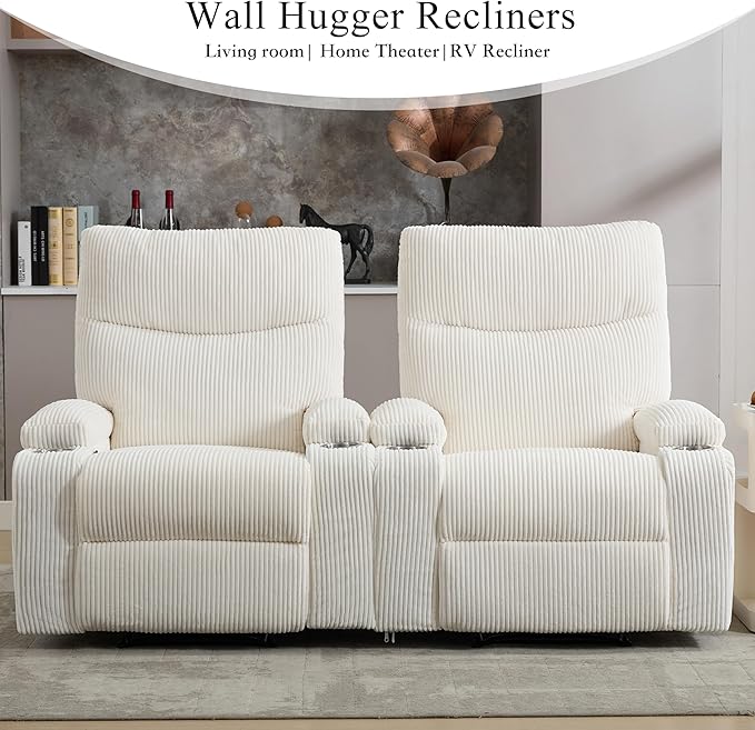 Manual Recliner Chair with Pull Ring 3 Position 140° Reclining Sofa for Living Room Nursery RV and OfficeOversized Recliner Chairs for Adults(White Corduroy Fabric)