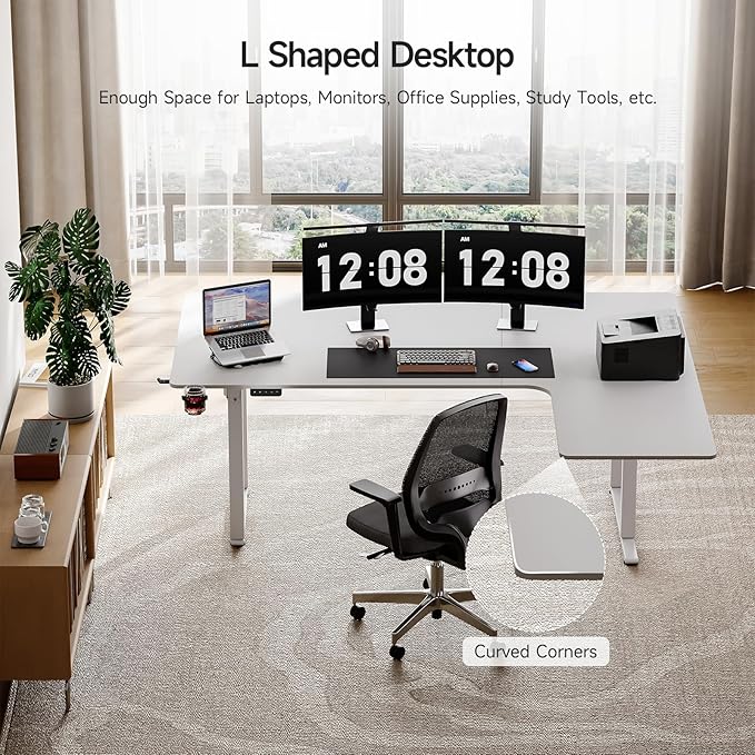 ONBRILL L Shaped Standing Desk 71x43 Inches Electric L Stand Up Desk with 4 Legs Dual Motor and Memory Controller Adjustable Height from 28-46 Inches for Home and Computer Workstation White