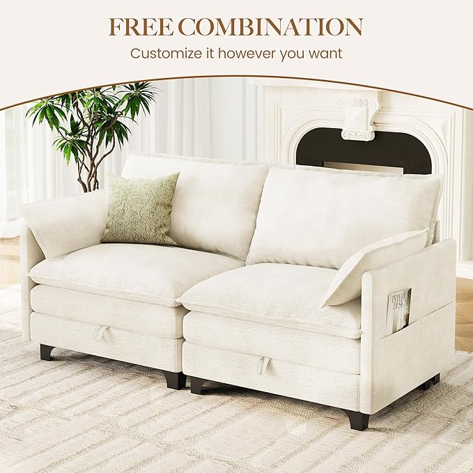71.9 Loveseat Modular Sectional Sofa Chenille Cloud Couch with Armrest Pillows Modern 2 Seater Deep Seat Couches with Side Pocket for Living Room Bedroom and Apartment Beige