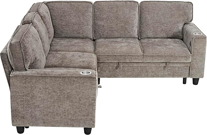 ERYE L-Shaped Symmetrical Sleeper Sectional Sofa W/Pull Out Sleeper Couch Bed and Storage Seat for Living Room Chenille Tufted Corner Convertible Sofa Bed with USB-C Ports