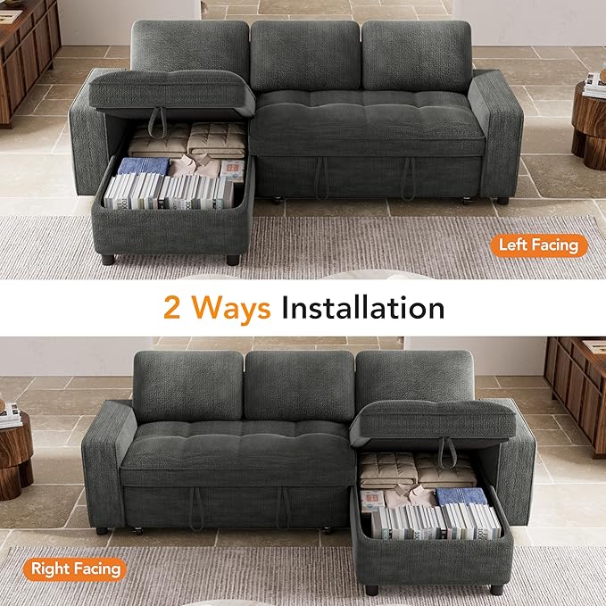 Vipbear 81 Sectional Sleeper Sofa with Pull Out Bed L Shaped Sleeper Sofa Pull Out Couch with Reclining Backrest Reversible Storage Chaise USB Ports Tool-Free Assembly Chenille Dark Grey