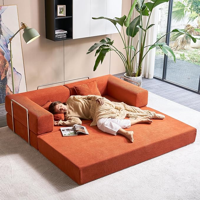 Compression Sofa - 78''Convertible Floor Sofa Bed - with Pillow Back Support Armrest - Comfy Foldable Sofa Bed Compressed Sofa in Box - Corduroy Fabric - for Living Room Bedroom - Tangerine