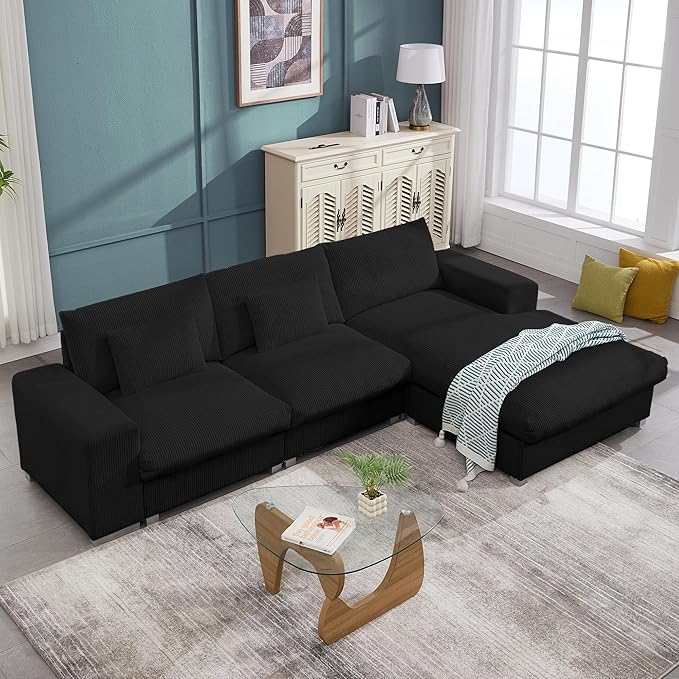 113 Inch Modular Sectional SofaModern l-Shaped Deep Seats Corduroy CouchSponge Couches with Chaise Lounge for Living Room Or Bedroom (Black)