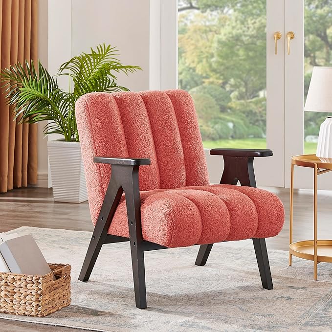 Roundhill Furniture Rella Modern Teddy Sherpa Accent Chair with Espresso Wood Frame Coral