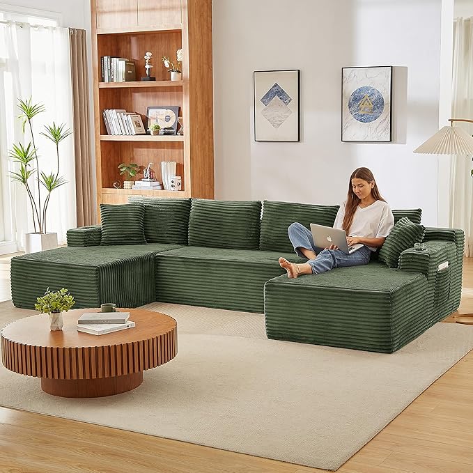 GNIXUU 133.5 Corduroy Boneless Sectional Couches for Living Room Oversized Memory Foam U Shaped Cloud Modular Sectional Sofa with Deep Seat Cup Holders &amp Storage Pocket No Assembly Required Gr