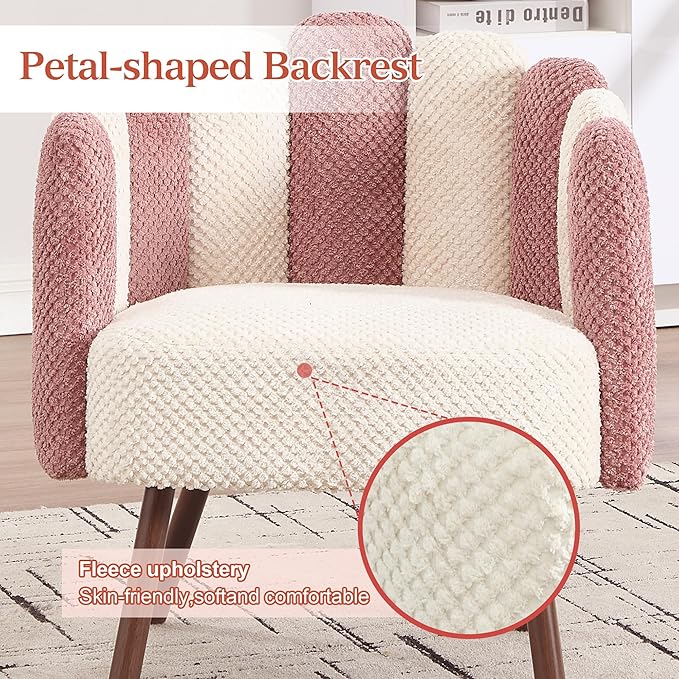 Modern Velvet Petal Accent ChairCute Vanity Chair with Back and Wood LegsHome Reading Chair Armchair for Living RoomMakeup RoomBedroom (Beige+Pink)