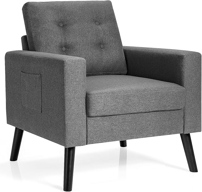 Giantex Modern Accent Chair Upholstered Living Room Chair Button Tufted Single Sofa Couch Bedroom Reading Guest Room Patented Linen Fabric Armchairs with Side Pockets and Wood Legs Gray