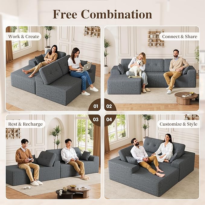 Ball &amp Cast 106 Boneless Sectional Sofa Chenille Modular L Shaped Couch with Deep Seat Chaise Cloud Style Oversized Sectional Couch for Living Room No Assembly Left Facing Grey