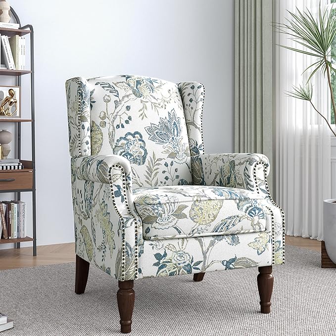 Lumibee High Back Accent Chair Set of 2 Armchair in FabricComfy Upholstered Wingback Single Sofa Reading Chairs with Solid Wood Legs for Living RoomBedroomOffice-Plants Blue