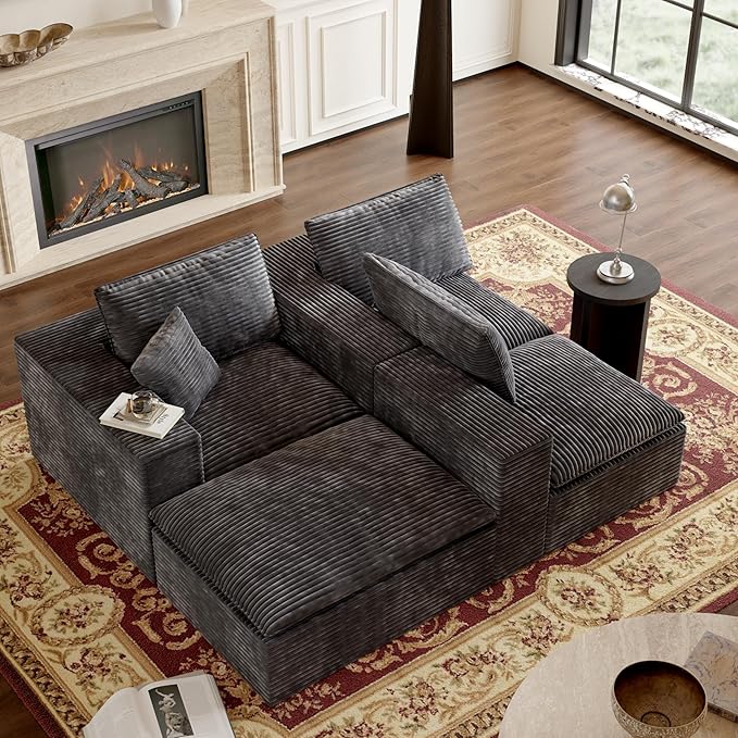 108 Boneless Compression Sectional Sofa L-Shape Interchangeable Chaise Deep Seat with High-Resilience Foam Soft Corduroy Upholstery No Assembly Needed for Living Room Bedroom