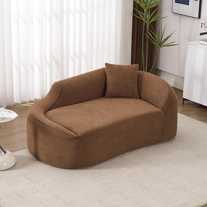 68 Curved Loveseat Sofa Modern Chenille Floor Couch with Pillow No Assembly Deep Seat Chaise Lounge for Bedroom Apartment Living Room Brown