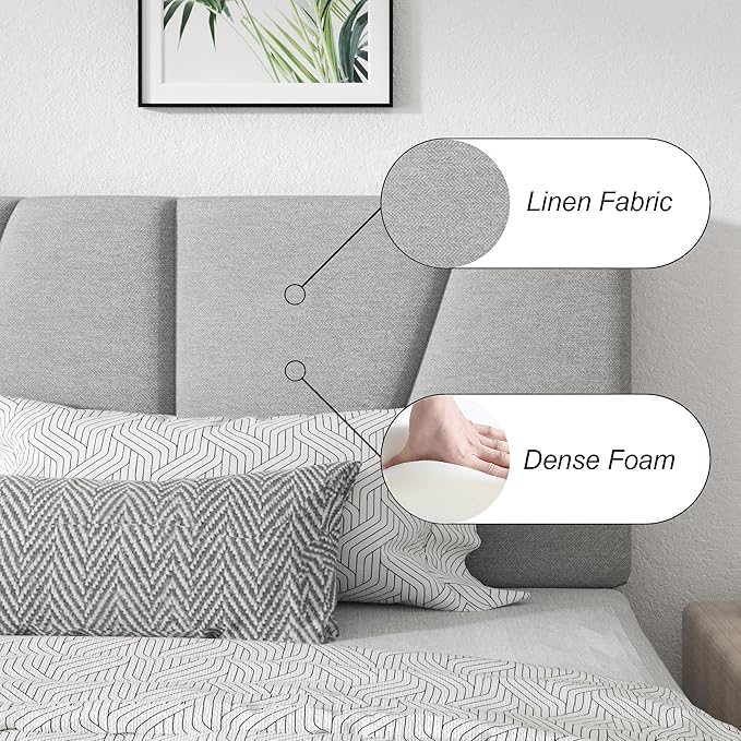 Queen Size Platform Bed Frame with Geometric Upholstered Headboard Noise Free Wooden Slats Support No Box Spring Needed Easy Assembly Light Grey Linen