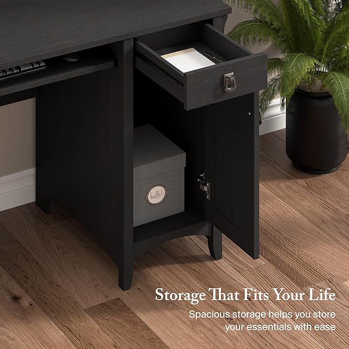 Bush Home Salinas Computer Desk with Hutch | Study Table with Drawers Cabinets &amp Pullout Keyboard/Laptop Tray | Modern Home Office Desk in Vintage Black | Work Desk with Storage