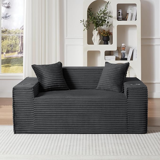KEIKI 61 Corduroy Compressed Oversized Loveseat Sofa with Deep Seat &amp High Resilience Cushion Upholstered Boneless 2-Seater Couch with 2 Cup Holder No Assembly Required for Living Room Dark G