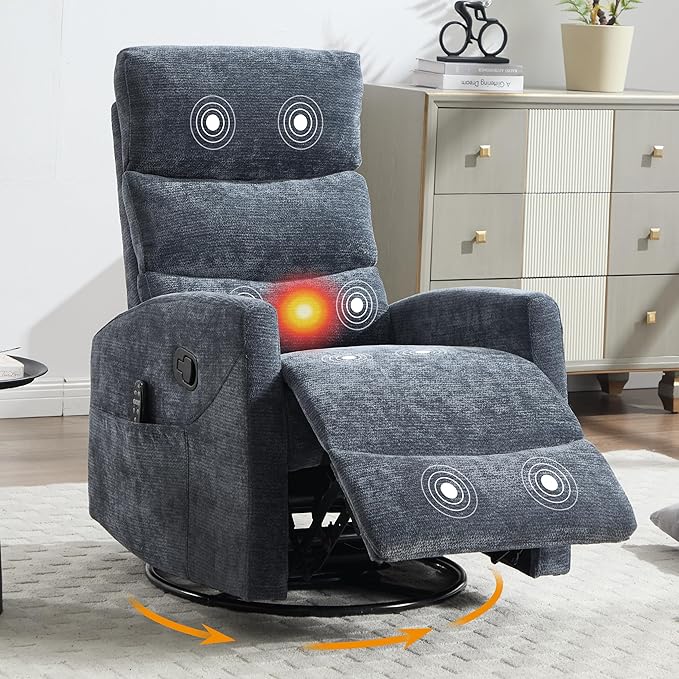 Manual Swivel Rocker Recliner Chair for Adults Overstuffed Reclining Glider Chair for Nursing with Vibration Massage &amp Heat Living Room Rocking Recliner 3-Stage backrest Chenille Fabric Blue