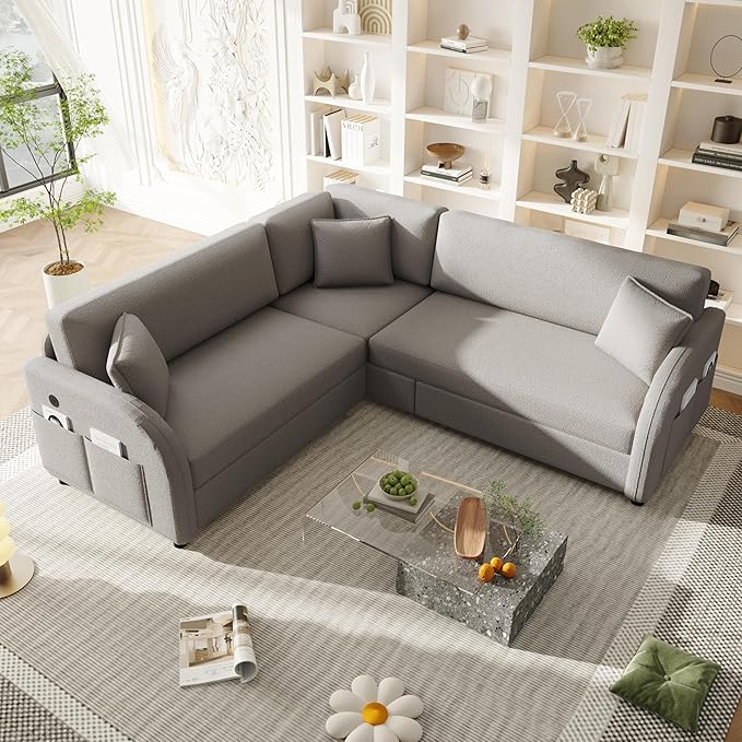 KEIKI 85 Convertible Sofa Bed with Chaise for Guest Rooms &amp Studios L-Shaped Sectional Couch with Pull Out Bed Teddy Upholstery &amp USB Charging