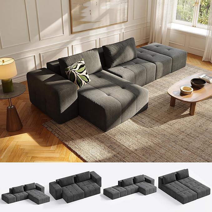 wanan 141 Boneless Couch for Living Room Oversize Cloud Sectional Sofa with Deep Seat L Shaped Modern Cloud Sleeper Sofa Bed with Chaise Dark Grey