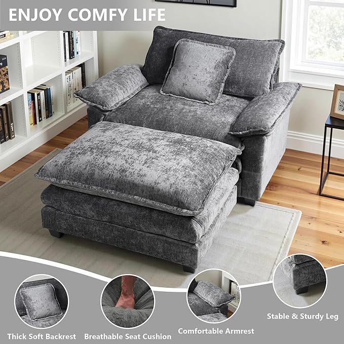Gexpusm Oversized Accent Chair with OttomanOversized Chaise Lounge Chair Indoor with Deep SeatReading Chair Comfy Chenille Sofa Couch Chair for Living Room Bedroom Modern Lounge Chair (Grey)