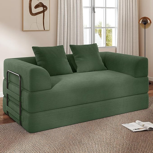Cloud Boneless Convertible Floor Sofa Bed 70 4-in-1 Foldable Compressed Loveseat Lounge Sleeper 2 Seater Couches High-Density Sponge &amp Corduroy Fabric Futon Daybed for Living Room Bedroom(Green
