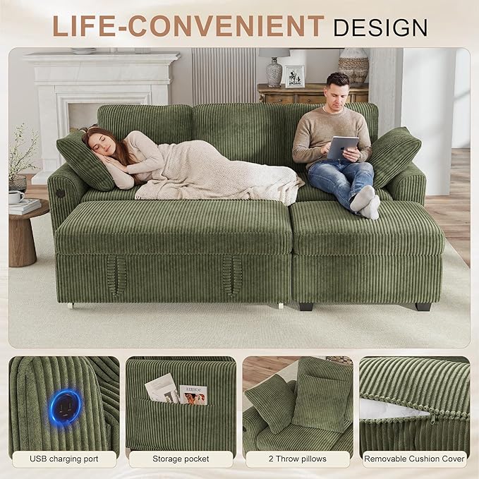 Hanherry 81 Sectional Couch with Pull Out Sofa BedCorduroy Sleeper Sofa with Storage Ottoman &amp USB ChargingComfy L Shaped Modular Couches for Living RoomApartment | USB charging port side poc