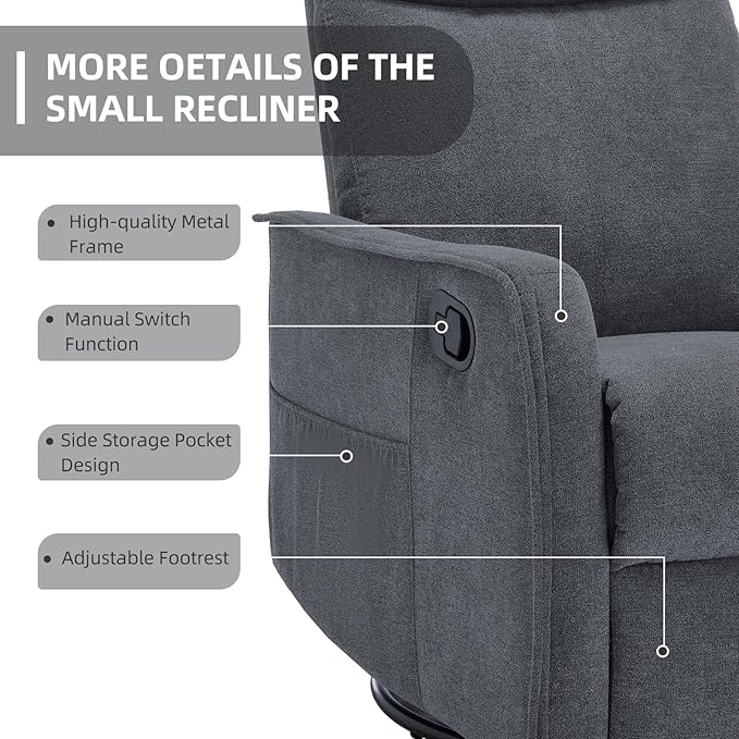 PELUMY 360 Swivel Rocking Recliner Chair for Adults Nursery Rocking Chair with Heat and Massage Glider Reclining Chair for Small Space Living Room Bedroom (Dark Grey)