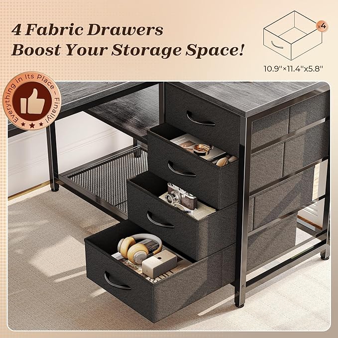 PRAISUN 43.3 Small Computer Desk with Power Outlets and USB-C Port Reversible L Shaped Corner Office Desk with 4 Fabric Drawers and 2 Height-Adjustable Shelves for Gaming Writing Grey