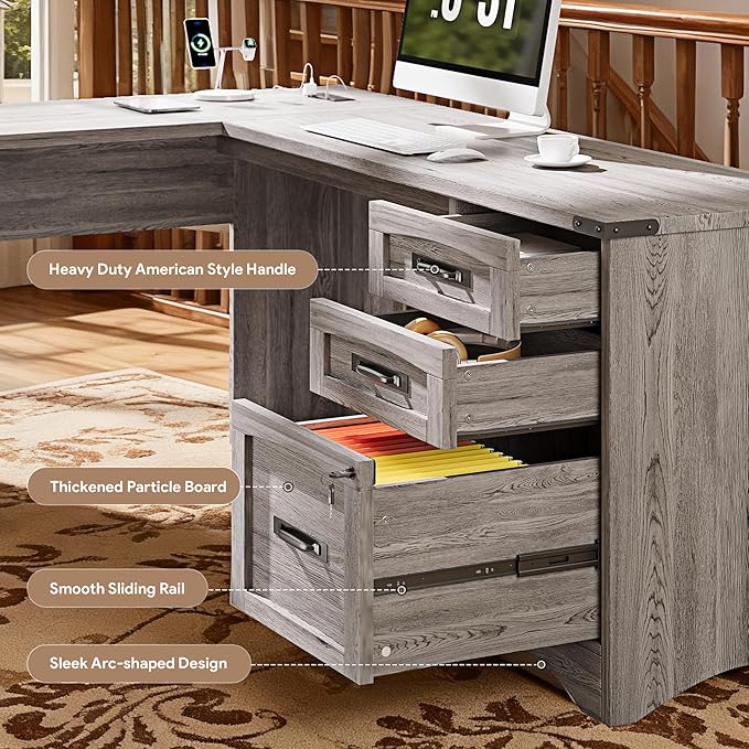 L Shaped Farmhouse Executive Desk with Drawers 67 Home Office Desks with Fast Charging Station Lockable File Cabinet Wood Writing Computer Desk for Work Study Grey