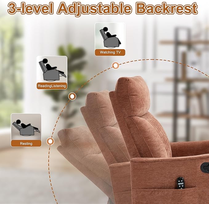 Manual Swivel Rocker Recliner Chair for Adults Overstuffed Nursery Glider Recliner with Vibration Massage and Lumbar Heat Living Room Reclining Chair Fabric Orange