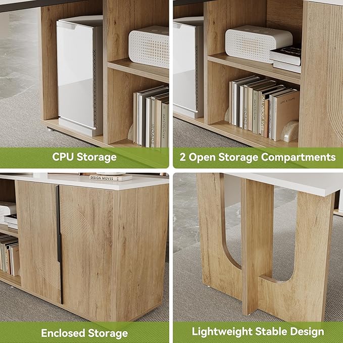 LITTLE TREE 74-Inch Executive L-Shaped Desk with Storage Cabinet &amp Shelves Large Home Office Computer Desk Modern Business Workstation for Professionals (Oak &amp White)
