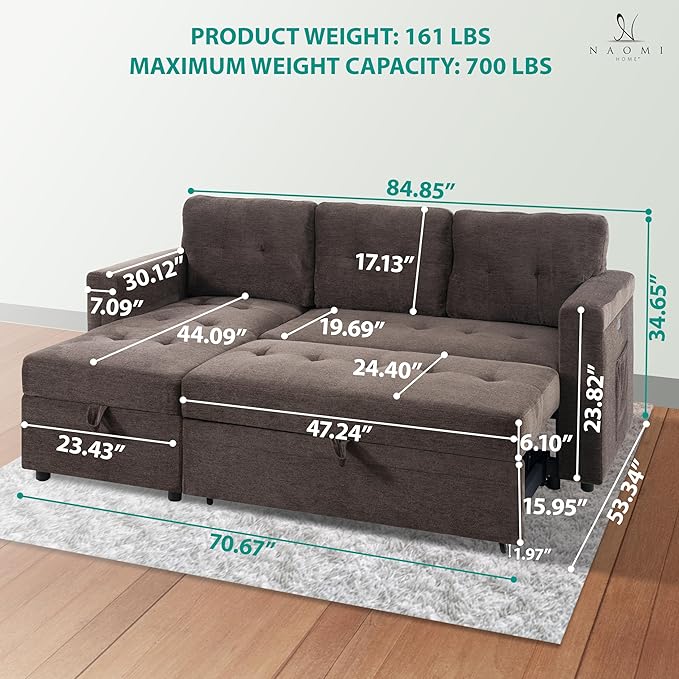 Naomi Home L-Shaped Sectional Sleeper Sofa with USB Ports - Convertible Pull-Out Bed Ample Storage Timeless Design Durable Construction Espresso/Microfiber