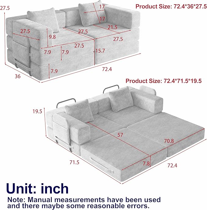 KEIKI 72.4'' Convertible Sofa Bed 2 Seat Corduroy Fabric Sofa with Two Side Storage Pockets and Two Cushions Comfortable Folding Sleeper Carpeted Couch for Living Room Bedroom and Study Black
