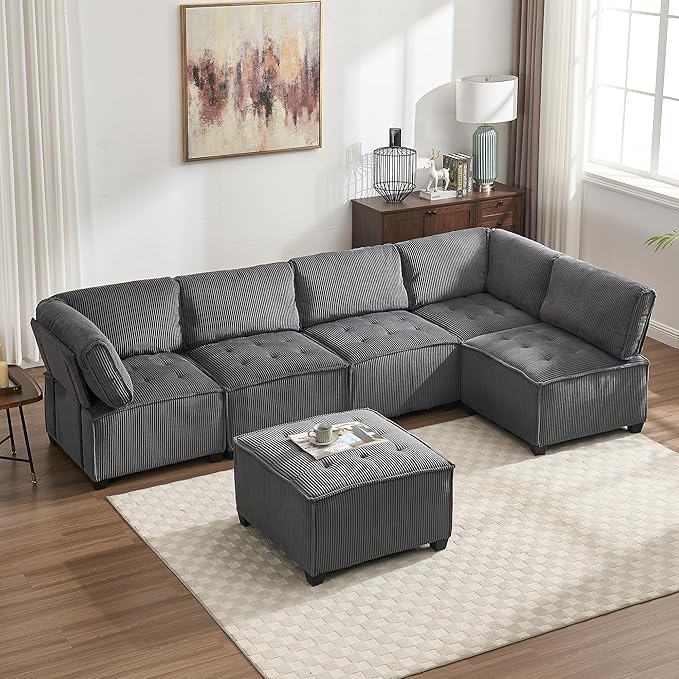 121 Inch Cloud Oversized Modular Sectional Sofa U Shaped Modular Couch with Reversible Chaise Comfy 6 Seat Convertible Sectional Sofa with Ottoman for Living Room Dark Grey