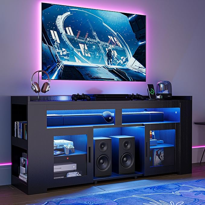 IRONCK TV Stand for TVs Up to 60 with Charging Station LED Entertainment Center Modern Carbon Fiber Media Console with Adjustable Glass Shelves &amp 2 Doors Organize Your Gaming &amp Living Room