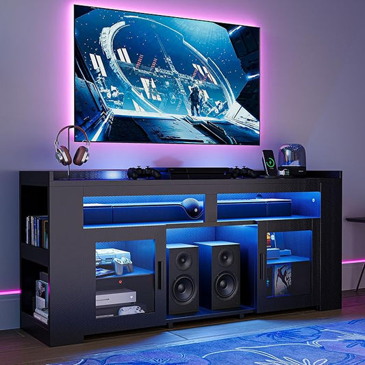 IRONCK TV Stand for TVs Up to 60 with Charging Station LED Entertainment Center Modern Carbon Fiber Media Console with Adjustable Glass Shelves &amp 2 Doors Organize Your Gaming &amp Living Room