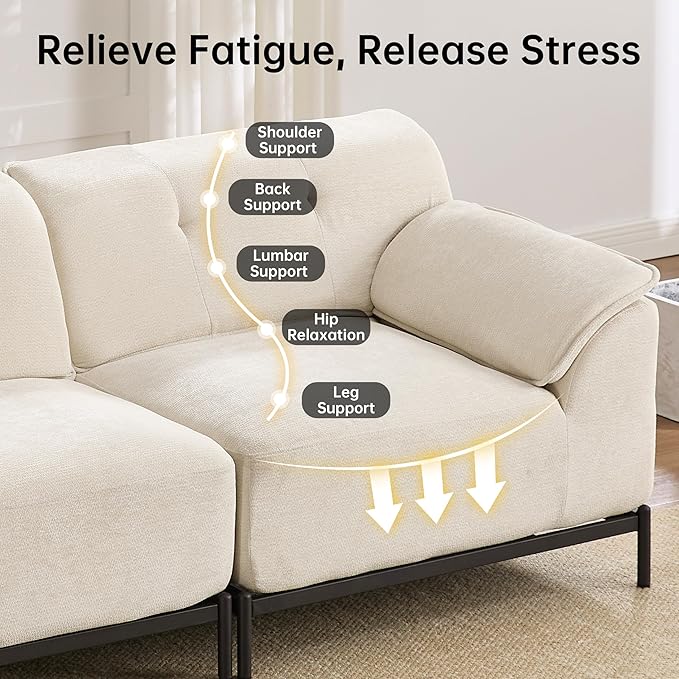 VKNOW 106 Couches for Living Room Modular Sectional Sofa with Wide Armrests and Solid Iron Frame Compressed Couch for Living RoomOfficeChenille FabricBeige