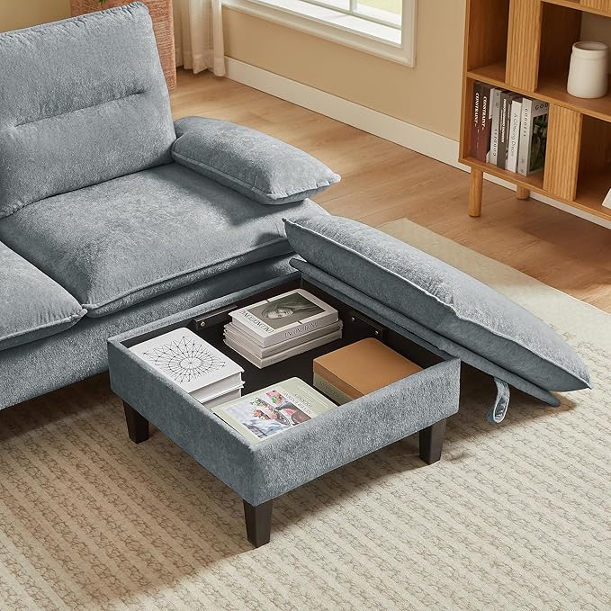 86'' Chenille Sofa with Storage Ottoman Modern Living Room Sofa with Removable Washable Cushion 3 Seater Comfy Couch for Apartment Bedroom Office (Light Grey)