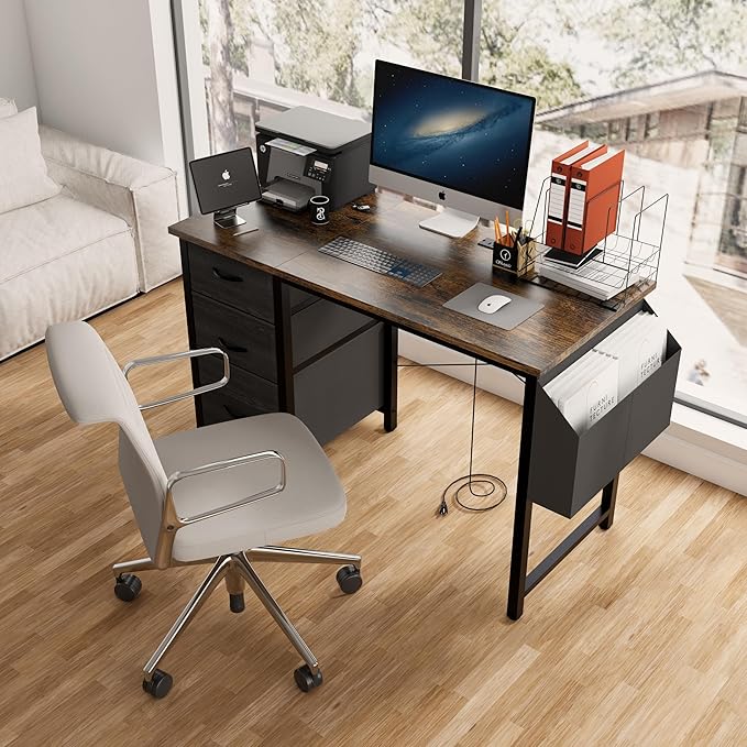 47.3 Office Desk with Power Outlet3drawers and Side Pocket Easy to Assemblee Stability Reversible for Home Office StudyRustic Brown