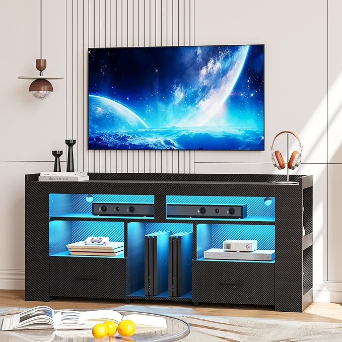 IRONCK TV Stand for 65 Inch TV Carbon Fiber Entertainment Center with 2 Drawers Charging Station &amp RGB LED Light Gaming Media Console for PS4 Bedroom Living Room Black