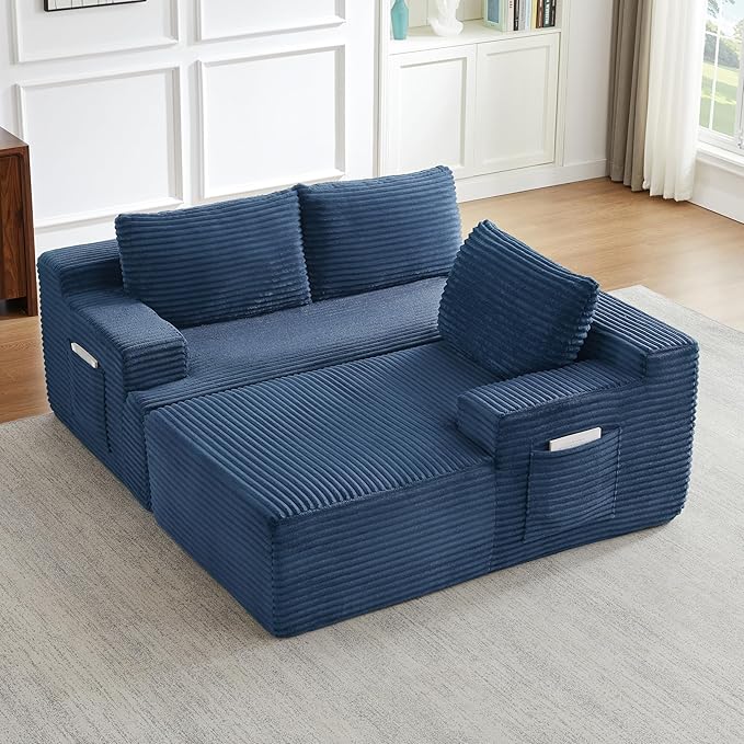 Modern Corduroy Modular Sectional Sofa96.1 Minimalist Style L-Shaped 3 Seat Couch with Side Storage PocketsComfortable Chaise Lounge for Living RoomReception AreaBlue Right Chaise Lounge