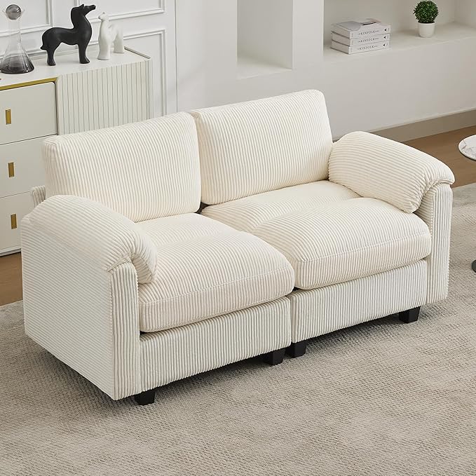 67'' Modular Loveseat Sofa Extra Deep Seat Cloud Couch for Living Room Corduroy Deep Seat Sofa with Armrest Pillows Center Stitched Beige