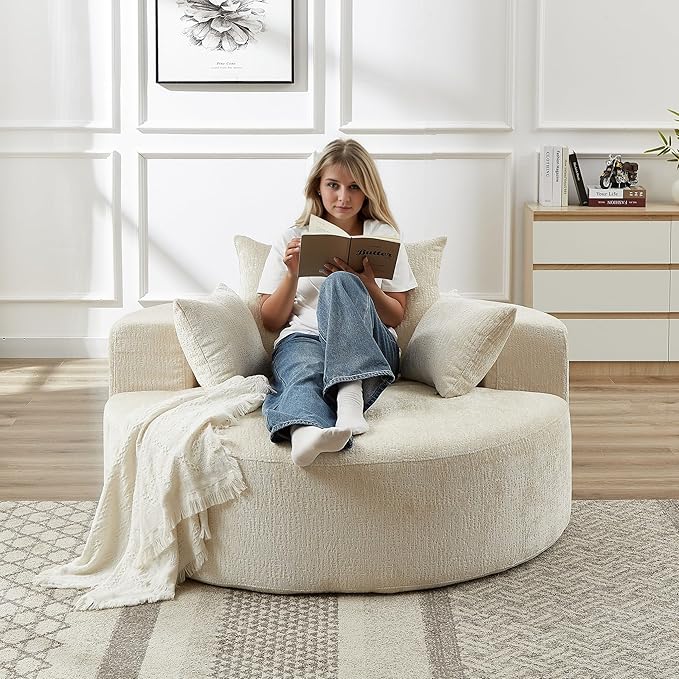 55''W Chenille Oversized Round Chaise Longue Chair Indoor Upholstered Deep Seat Floor Sofa Chair with Pillow No Assembly Required Single Sofa Armchair for Living Room (Chenille Beige)