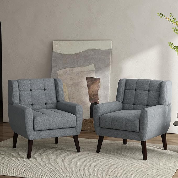 Accent Chair Comfy Mid Century Modern Small Armchairs with Solid Wood Frame and Soft Cushion for Living Room Bedroom (Fabric Grey Set of 2)